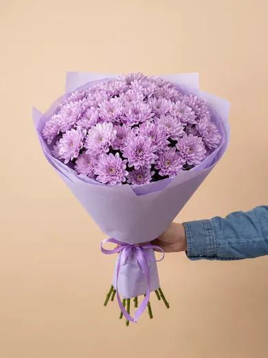 Букет живых цветов из 5 сиреневых кустовых хризантем