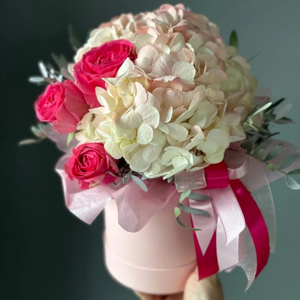 Flowers in a box hydrangea with roses