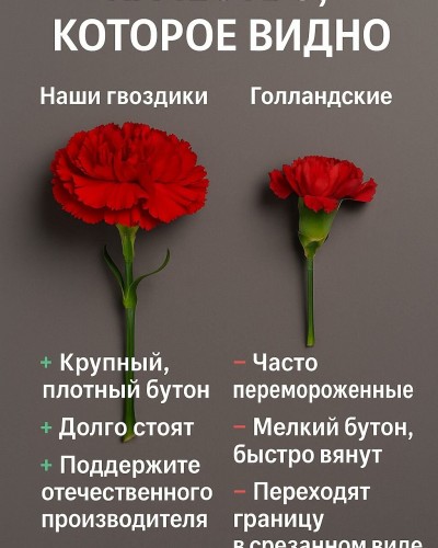 Живые цветы поштучно, гвоздики, красные, подарок для ветеранов Живые цветы поштучно, гвоздики, красные, подарок для ветеранов
